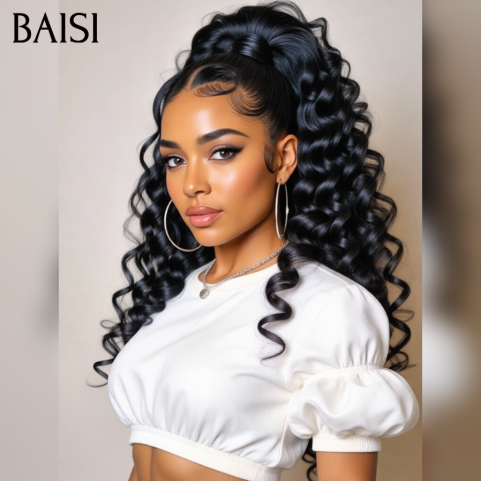 BAISI Peruca Natural Lace Frontal 13x4 Wave 22 polegadas com trança estilizada, na cor PRETO, já penteada como na foto, 100% cabelo humano