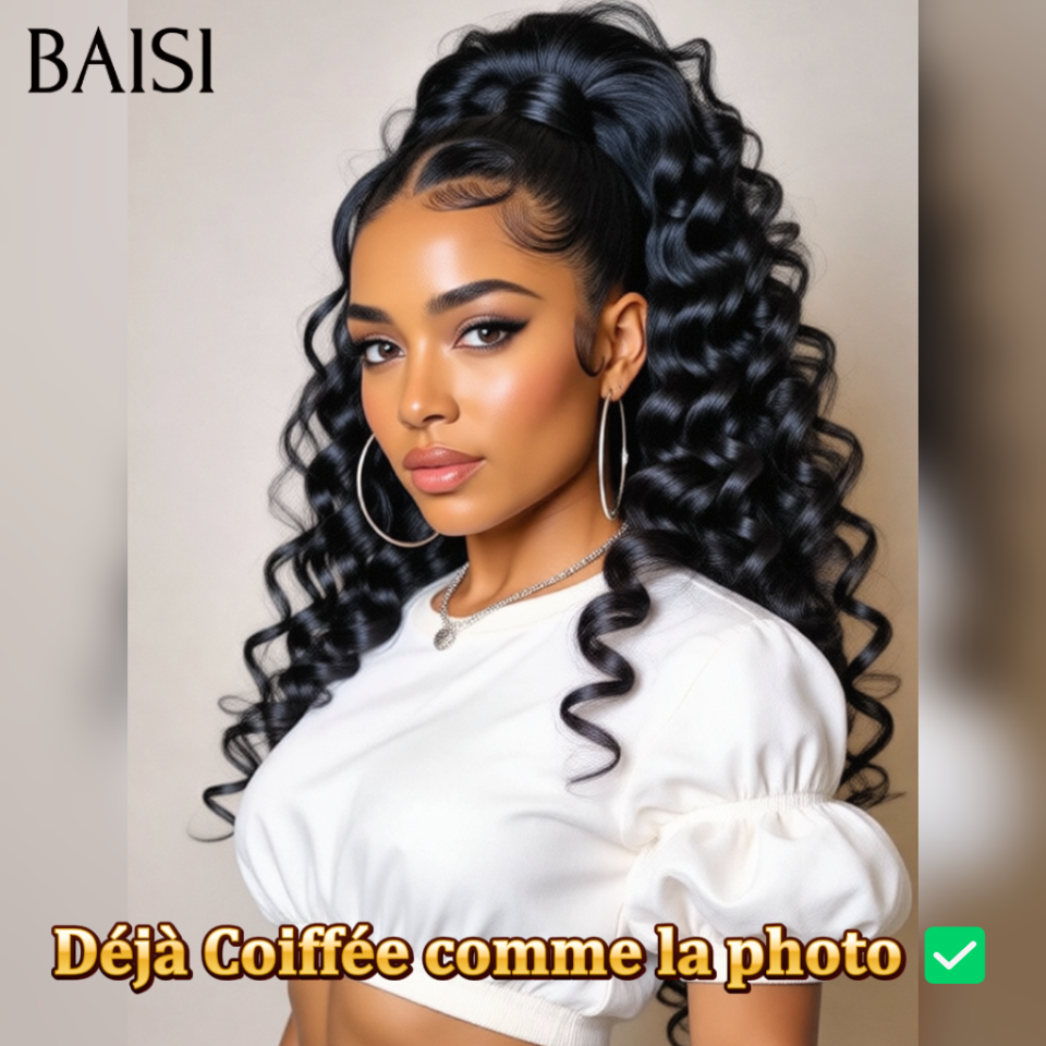 BAISI Peruca Natural Lace Frontal 13x4 Wave 22 polegadas com trança estilizada, na cor PRETO, já penteada como na foto, 100% cabelo humano