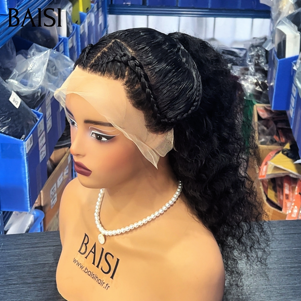BAISI Perruque 13x4 lace frontal avec coiffure tressée natte noir 99€ curly wave en 100% Cheveux Humains Comme la photo