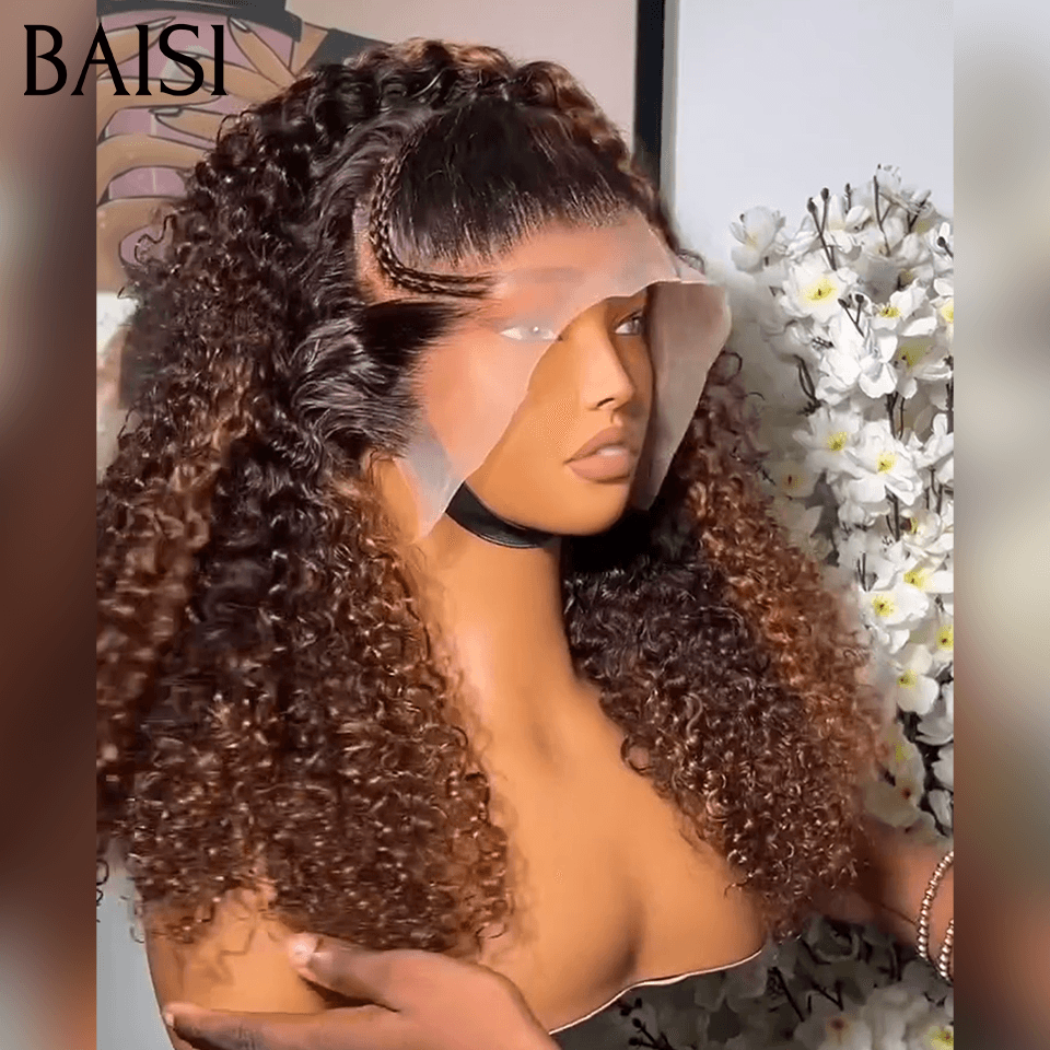 BAISI 13x4 peruca lace kinky curly, pequena trança frontal lace, 18 polegadas, cor castanho 4#mix30# 100% cabelo humano FR38