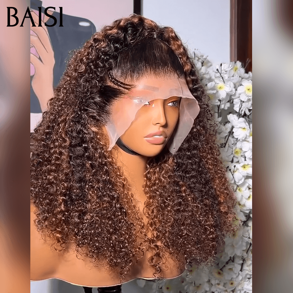 BAISI 13x4 peruca lace kinky curly, pequena trança frontal lace, 18 polegadas, cor castanho 4#mix30# 100% cabelo humano FR38