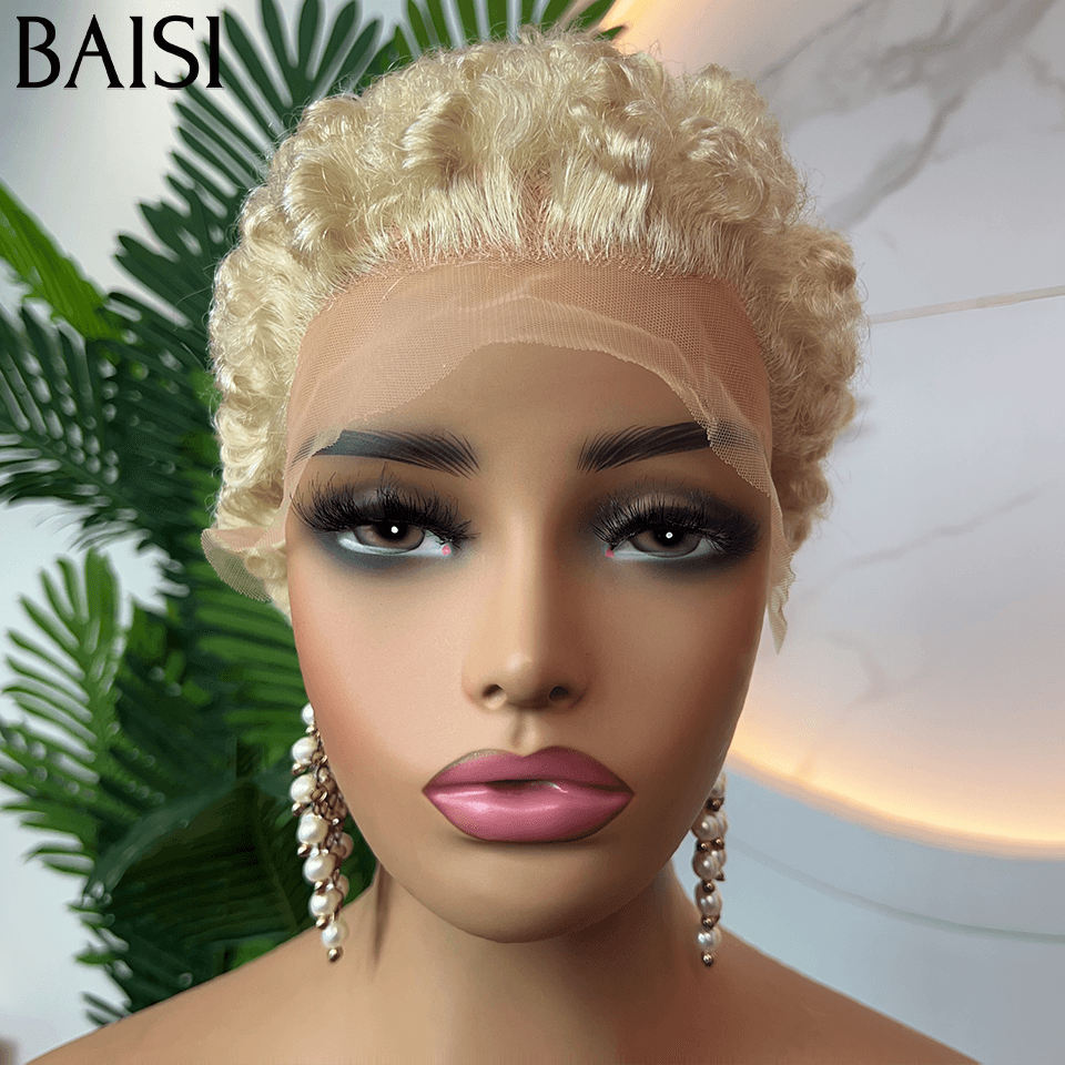 BAISI 13X4 lace frontal pixie curly 55€ NOIR ou 109€ Perruque en Couleur blonde 613# en 100% Cheveux Humains FR38