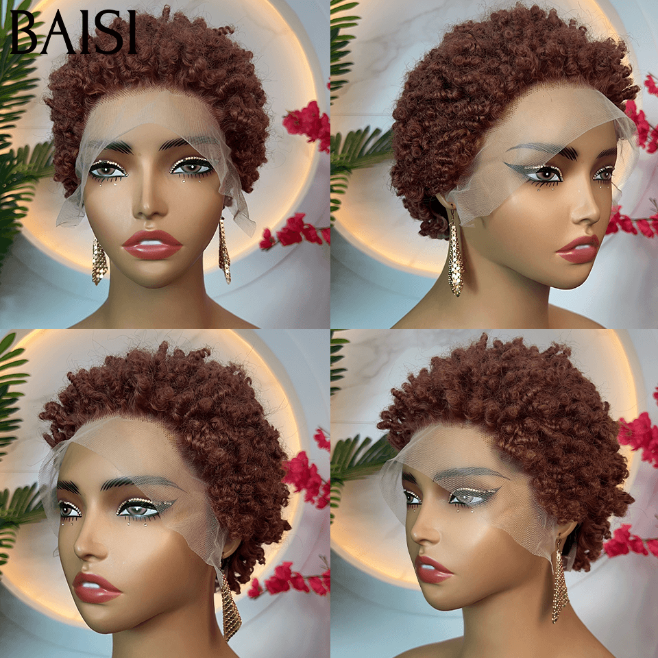 BAISI 13X4 lace pixie curly wave Marron 56€ ou afro curly 98€ Perruque en Couleur 33# en 100% Cheveux Humains FR38