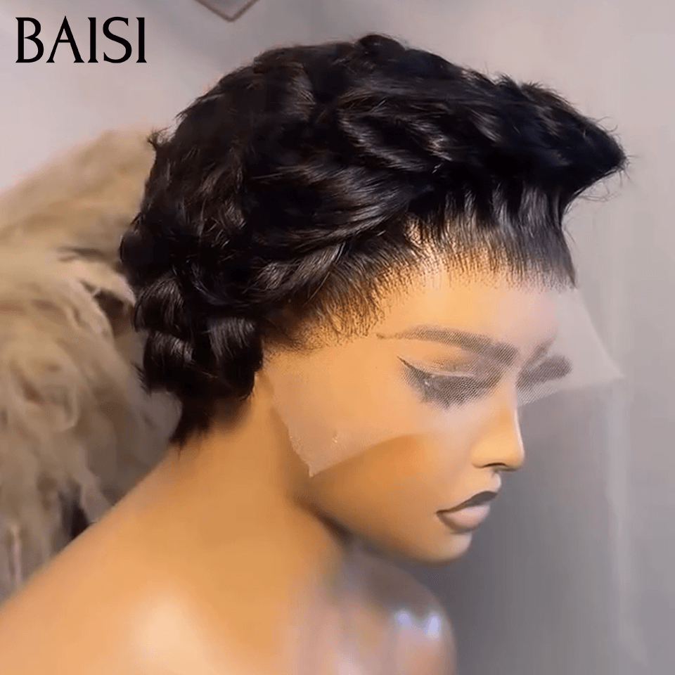 BAISI 13x4 Lace Frontale Perruque Pixie Finger Wave petite coupe 6 pouces 78€ NOIR En 100% Cheveux Humains
