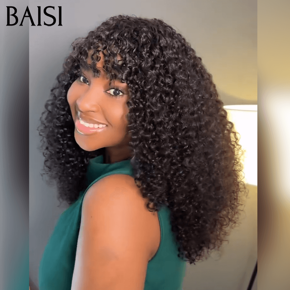 BAISI Perruque Bouclée curly Wave avec Frange 12 Pouces Sans Colle Sans lace en Couleur NOIR en 100% Cheveux Humains BS65