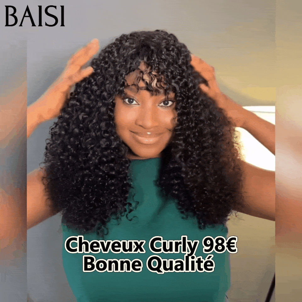 BAISI Perruque Bouclée curly Wave avec Frange 12 Pouces Sans Colle Sans lace en Couleur NOIR en 100% Cheveux Humains BS65