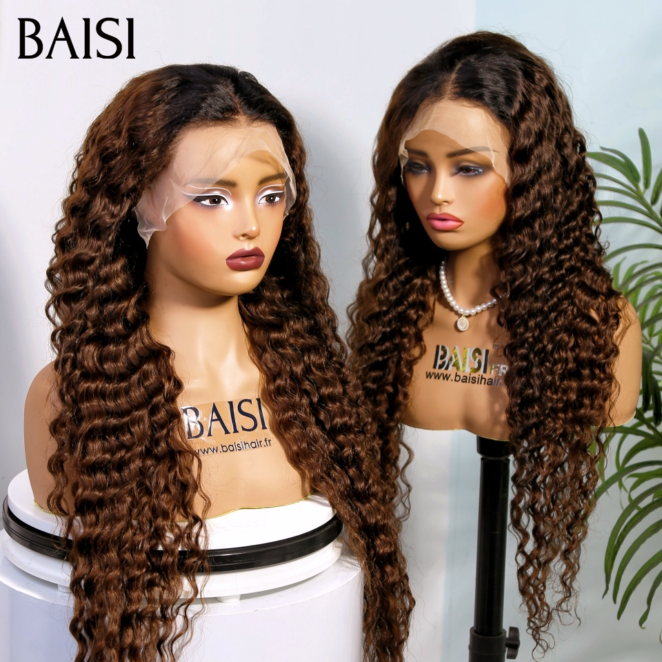 BAISI Perruques 13x4 frontal Lace deep wave en couleur Marron 1BT4# 30 pouce En 100% cheveux humains