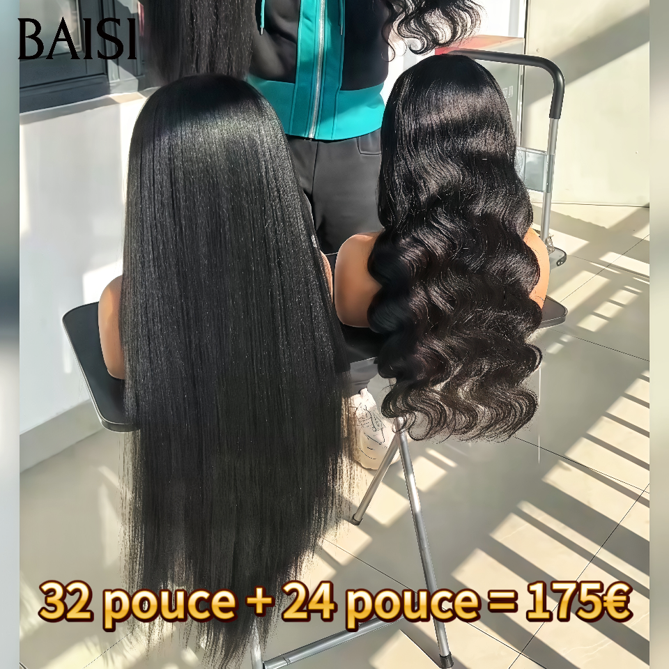 BAISI 2 perruques 175€ Blended human hair perruque bandeau kinky straight 32 pouces et 4x4 lace closure body wave 24 pouces en 100% Cheveux Humains