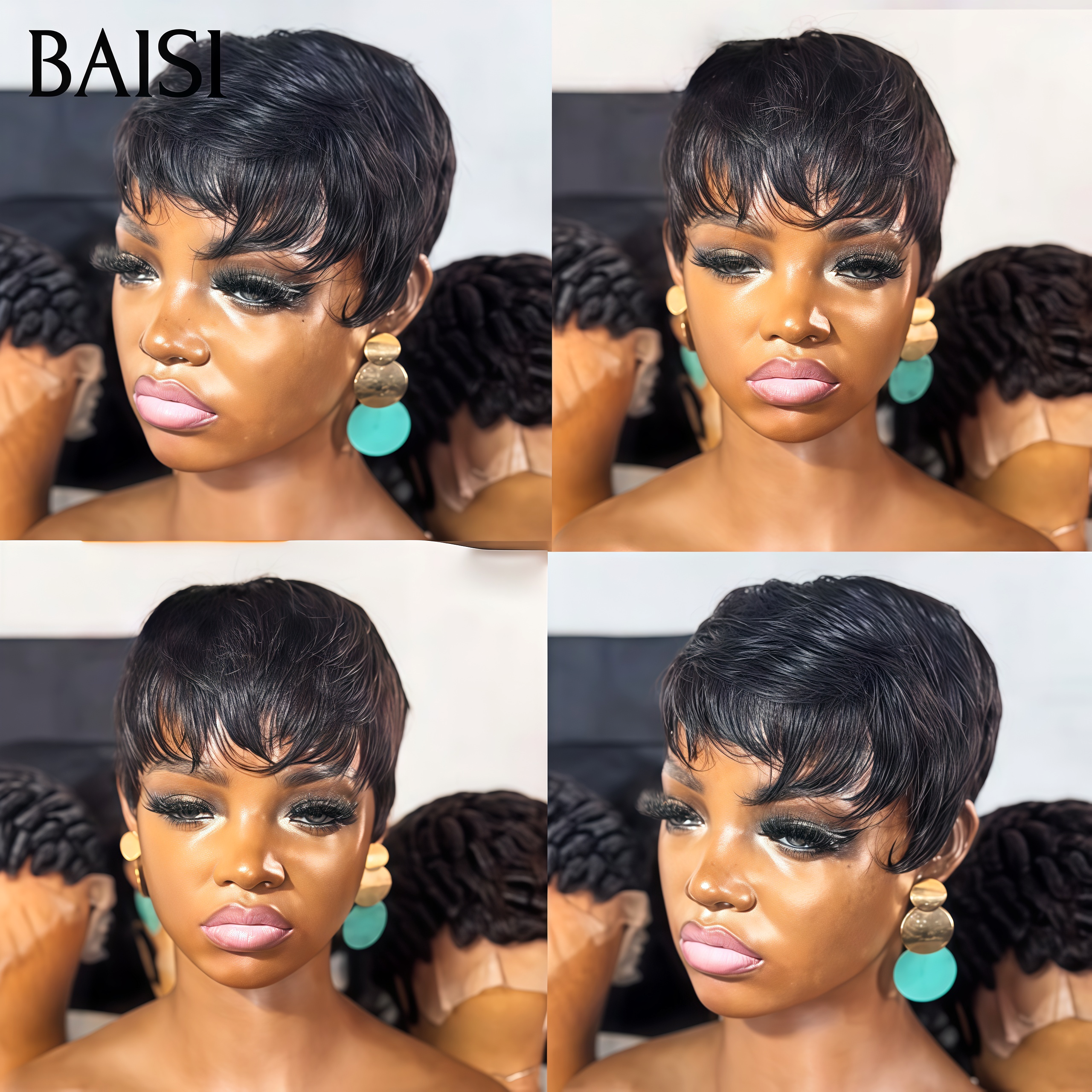 BAISI Perruque pixie Lisse Fabriqué à la Machine Promotion Sans Colle Coupe au carré 38€ en France en 100% Cheveux Humains