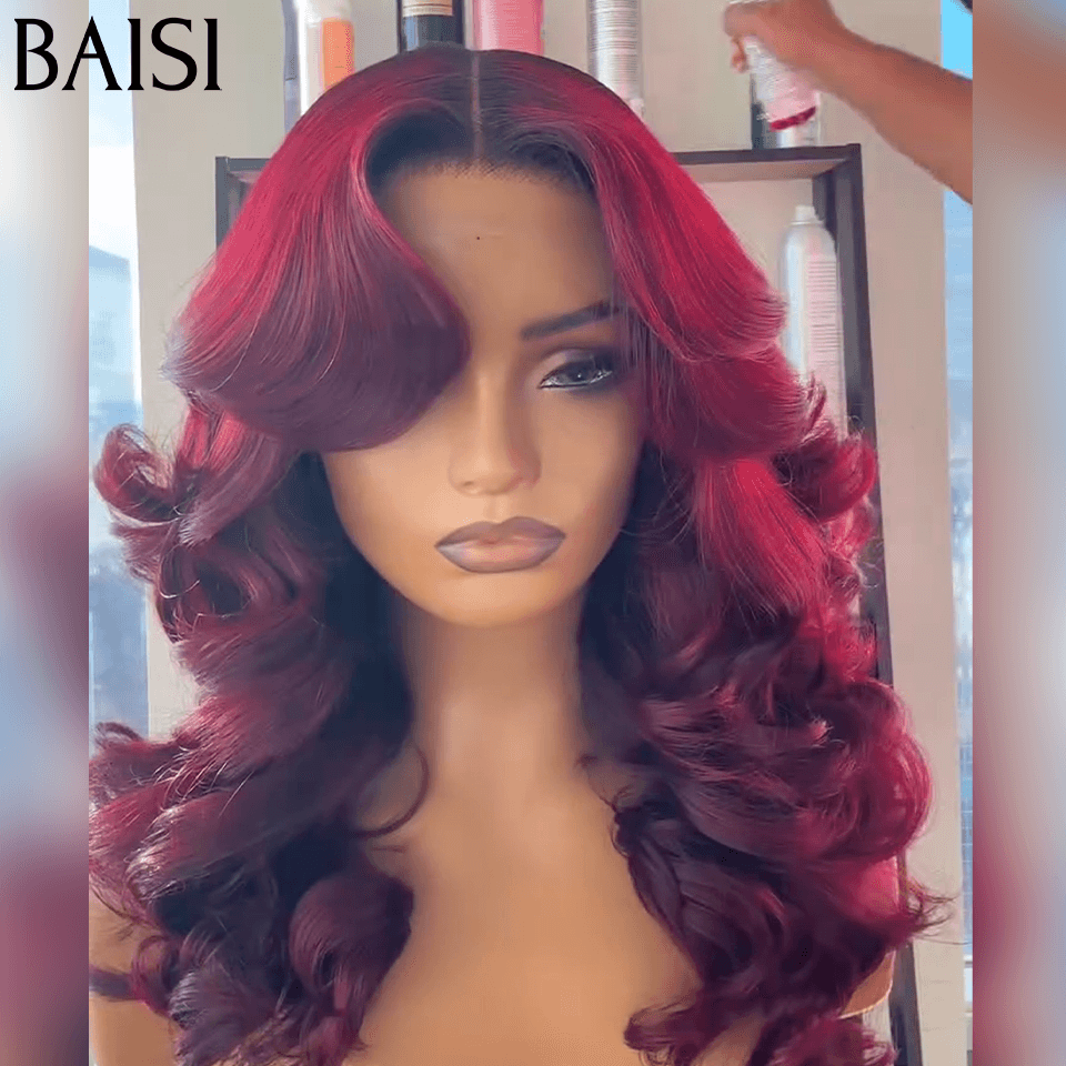 BAISI 13X4 Lace Frontal Perruque Bouclée Wave 16 pouces 136euro en couleur 99J# En 100% Cheveux Humains