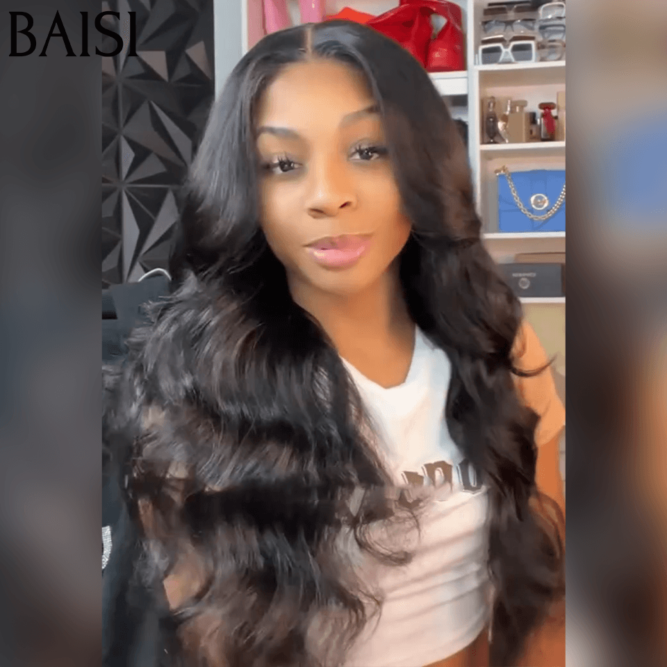 BAISI 13x6 Perruque Body Wave Sans Colle Pré-plucked Pas Besoin de Colle en 100% Raw Hair Lace déjà couper B