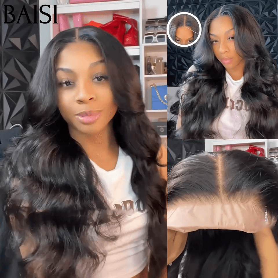 BAISI 13x6 Perruque Body Wave Sans Colle Pré-plucked Pas Besoin de Colle en 100% Raw Hair Lace déjà couper B