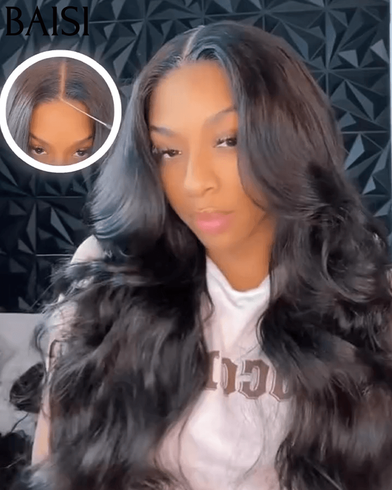 BAISI 13x6 Perruque Body Wave Sans Colle Pré-plucked Pas Besoin de Colle en 100% Raw Hair Lace déjà couper B