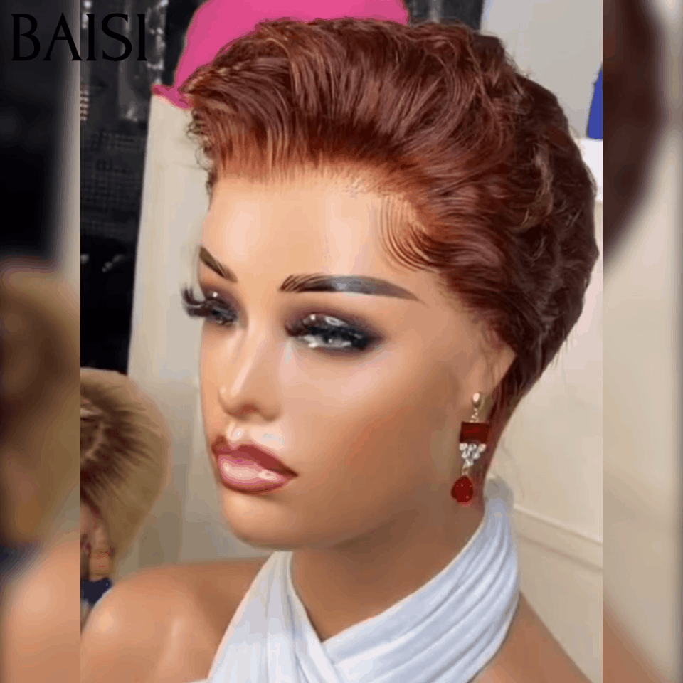 BAISI 13X4 Lace Frontal Peruca Pixie Castanha 4# 68€ e Peruca Pixie Finger Wave corte curto feito à máquina 49€ em 100% cabelo humano