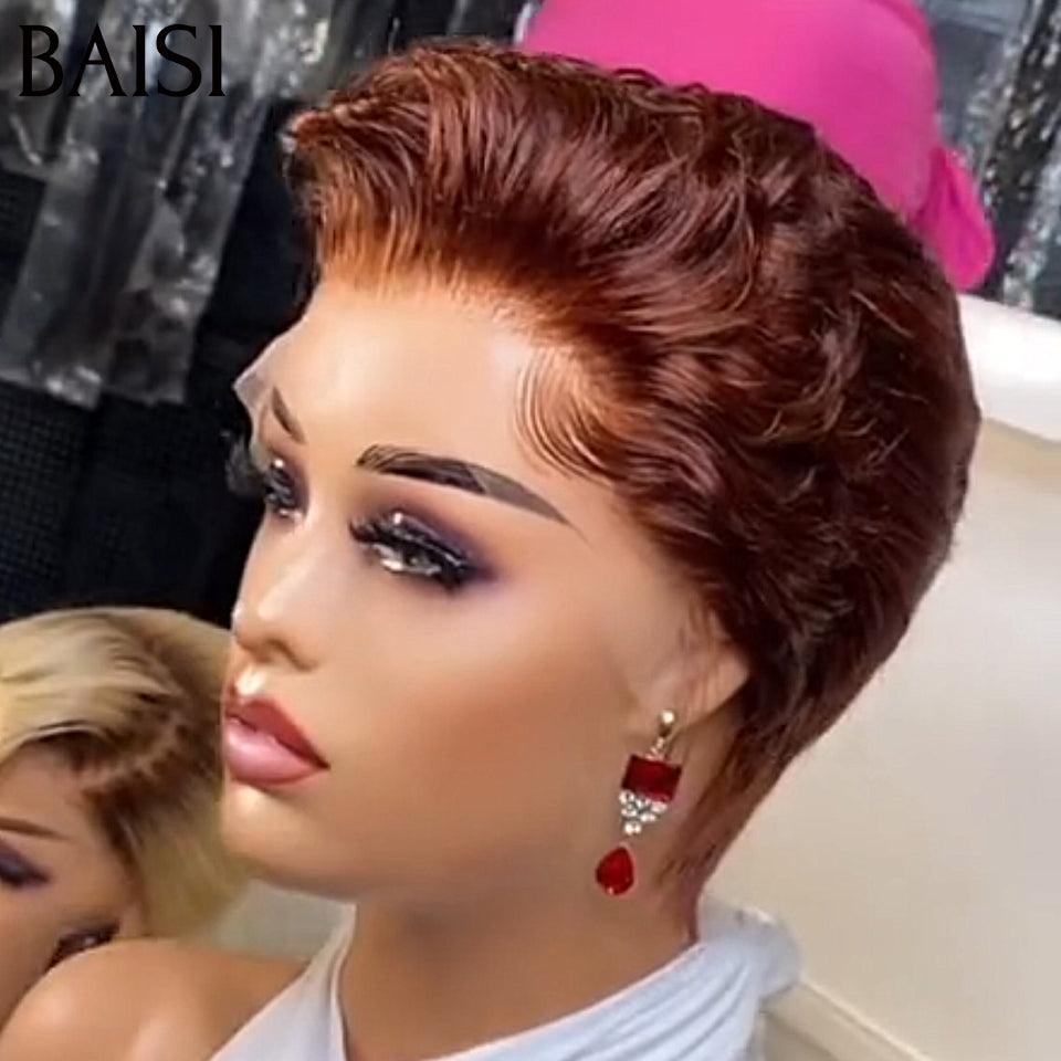 BAISI 13X4 Lace Frontal Peruca Pixie Castanha 4# 68€ e Peruca Pixie Finger Wave corte curto feito à máquina 49€ em 100% cabelo humano