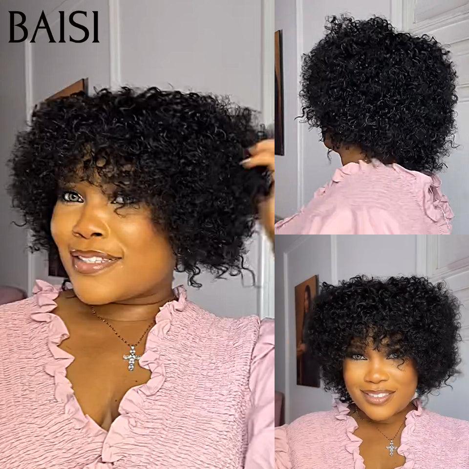 BAISI Preço 68€ Peruca Pixie Afro Cacheada Bouclé Preta sem cola 100% Cabelo Humano Fabricado à Máquina BS65