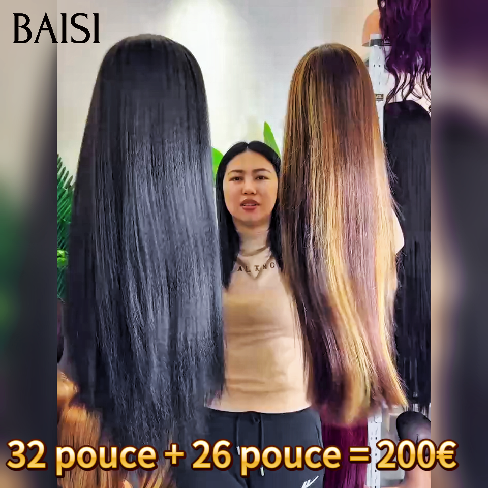 BAISI 2 perruques 200€ Perruque bandeau kinky straight 32 Pouces en noir Blended human hair et 13x4 lace frontal lisse en Mixte Miel 26 pouce en 100% Cheveux Humains