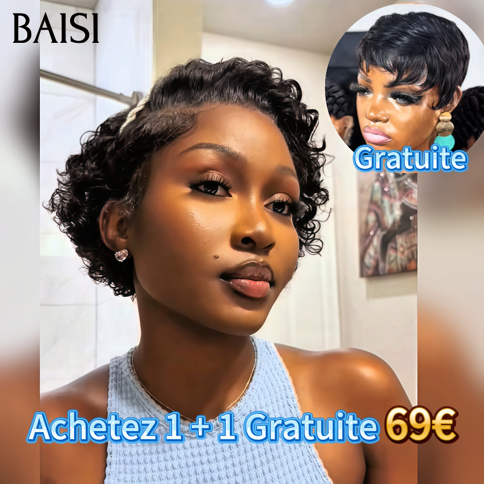 BAISI Achetez 1 + 1 Gratuite 69€ 13x4 lace frontal pixie curly wave NOIR et sans Colle pixie Lisse en 100% Cheveux Humains