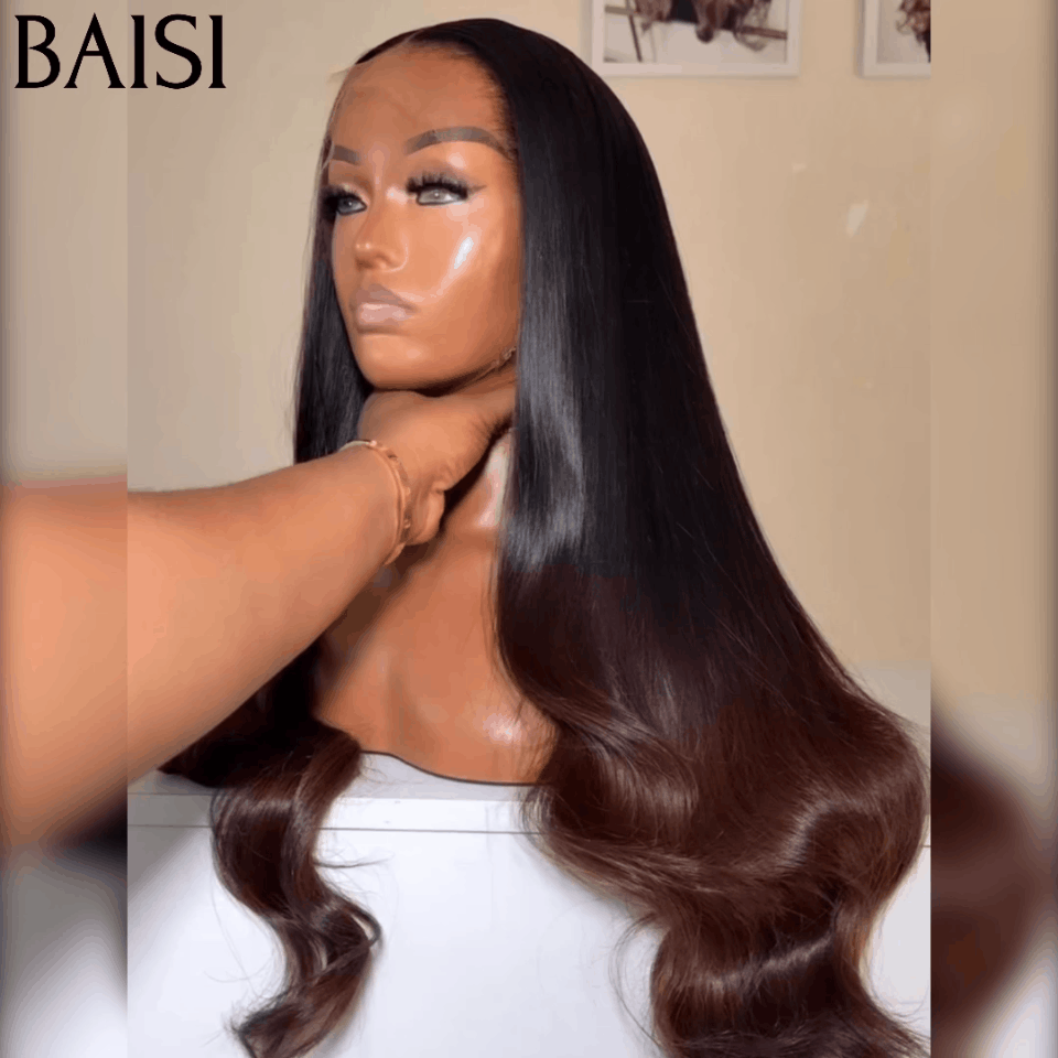 BAISI Peruca Body Wave Castanha #1B4 13x4, Pré-desfiada, Sem Cola, Cabelo Raw 100%, Lace já Cortado B