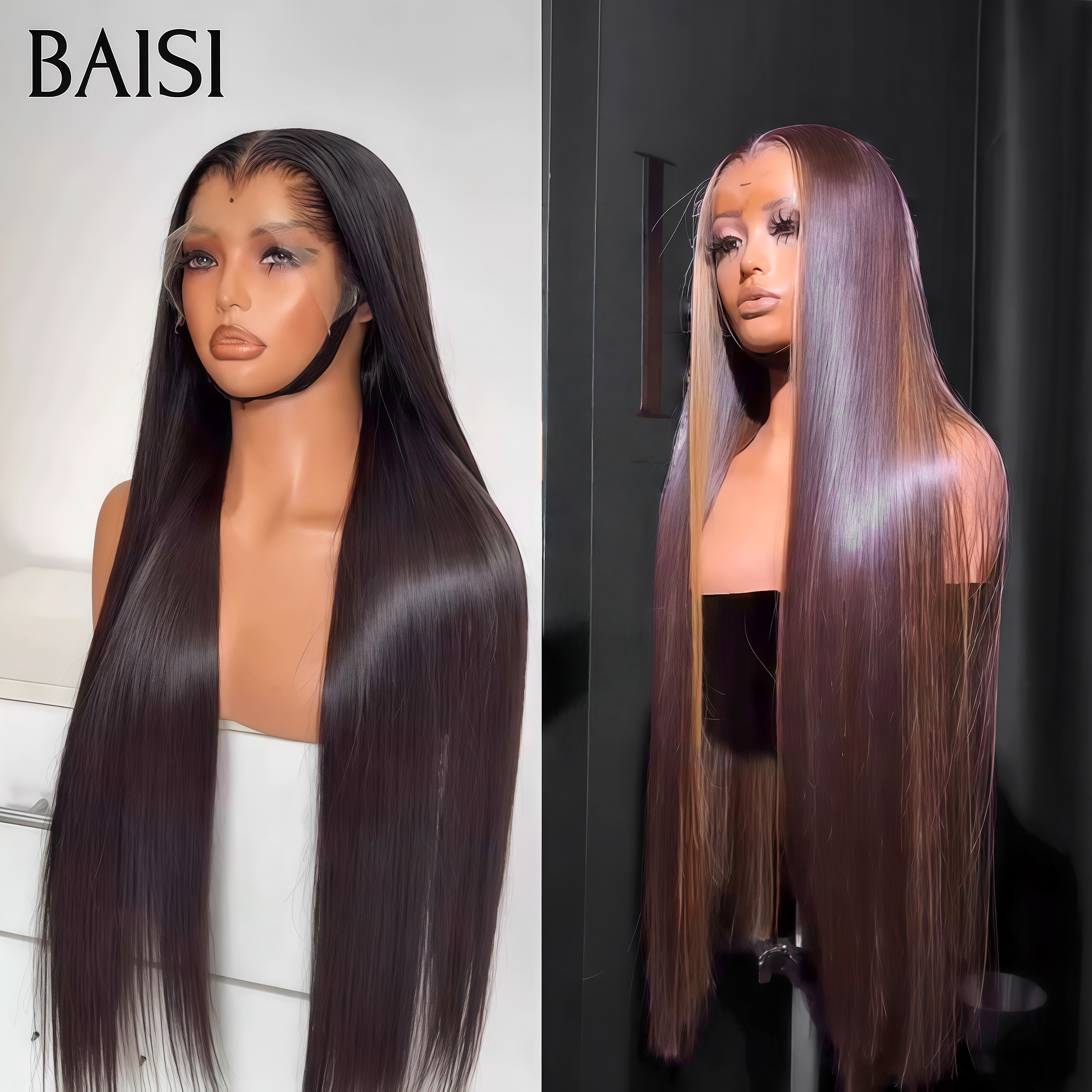 BAISI 13X4 lace frontal Perruques Lisse 20 Pouces en 2 couleurs noir ou Marron Mixte Miel PROMO Offre spéciale en 100% vrais cheveux humains