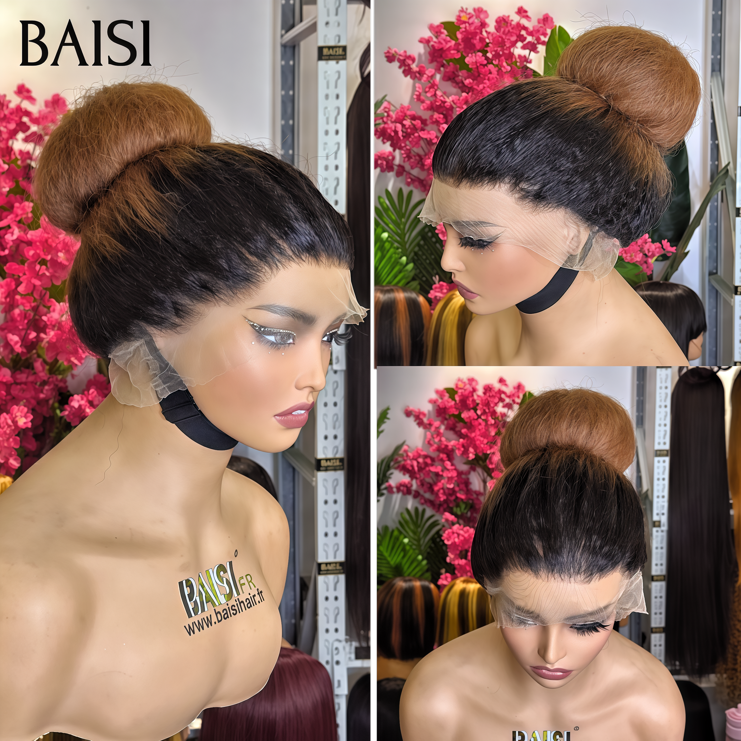 BAISI Perruques Coiffure en chignon bun avec 13x4 Lace Frontale 18 Pouce en Marron avec racine Noir 129€ en 100% cheveux humains