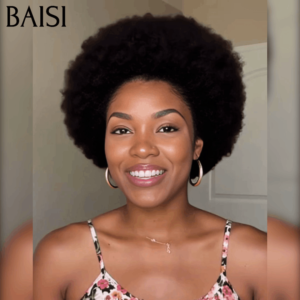 BAISI perruque pixie Curly sans colle Noir 49€ ou afro curl 8 Pouces 48€ en noir Moitié Prix en 100% vrais cheveux humains MP50