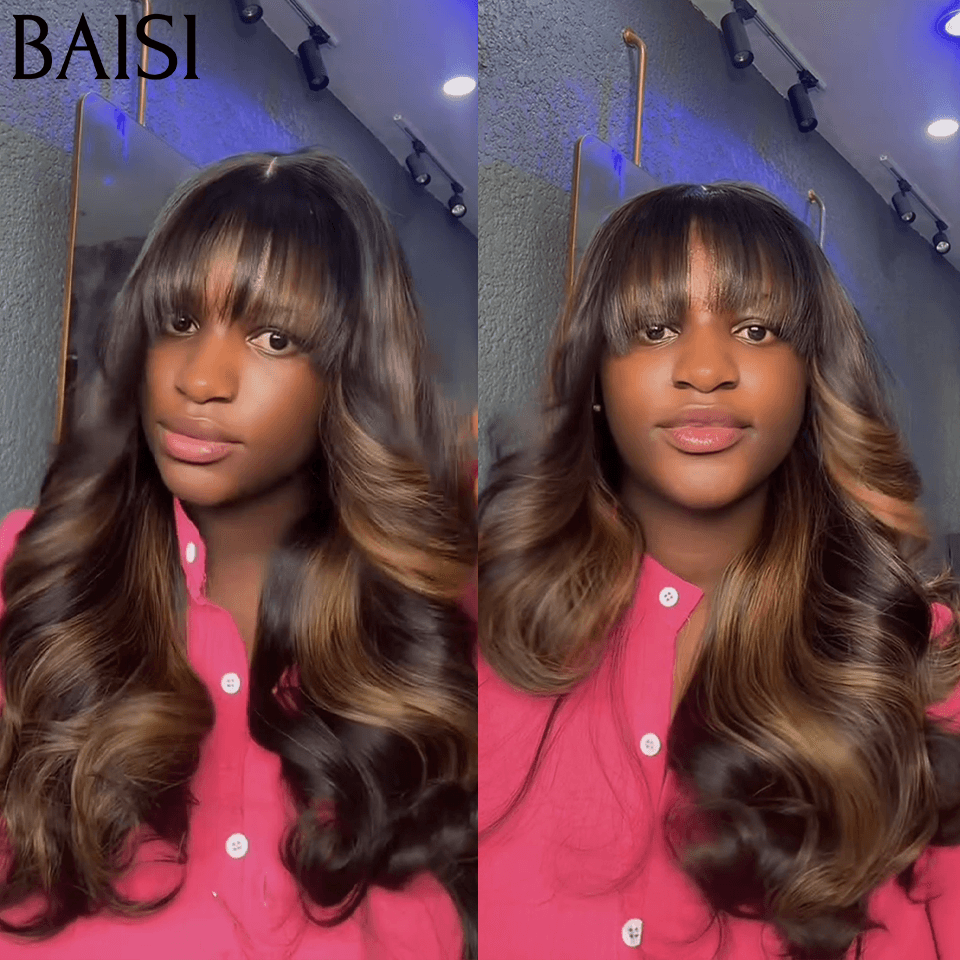 BAISI Perruques de Luxe Naturelle Wave 300%densité 18 pouces Couleurs personnalisées avec Frange Fabriquées par les cheveux double drawn FR38
