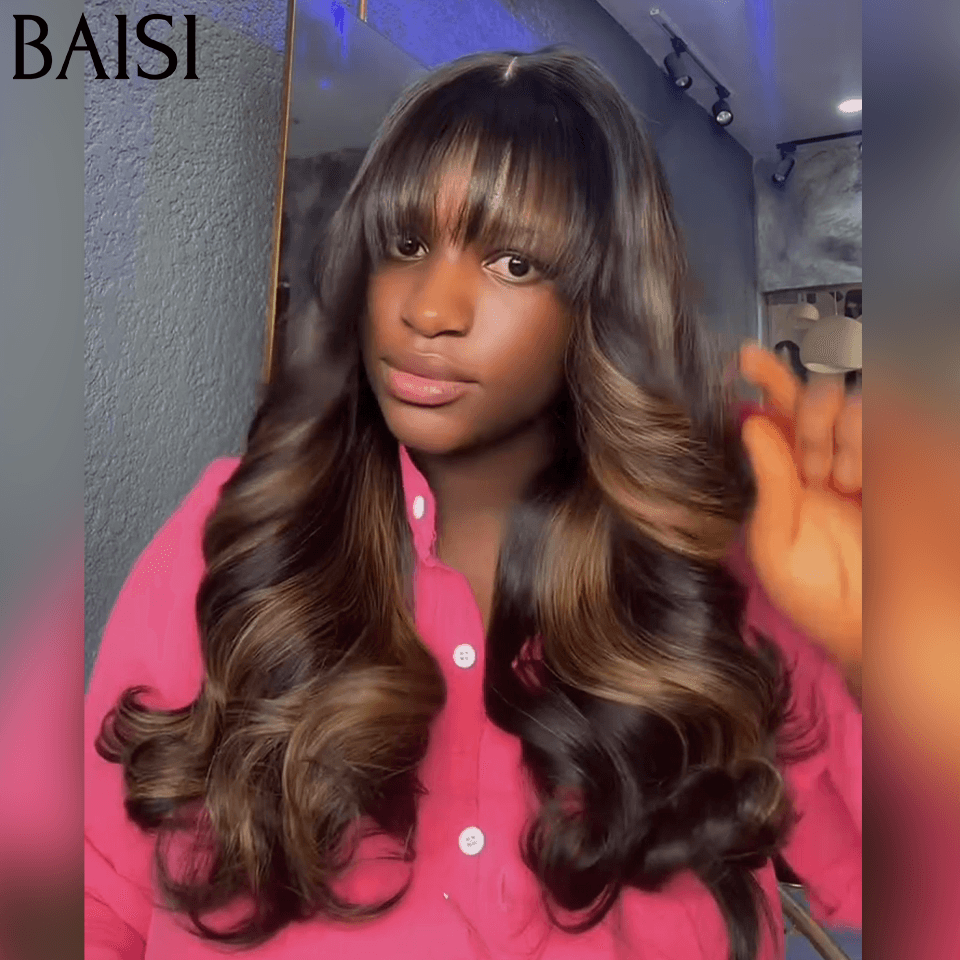 BAISI Perruques de Luxe Naturelle Wave 300%densité 18 pouces Couleurs personnalisées avec Frange Fabriquées par les cheveux double drawn FR38