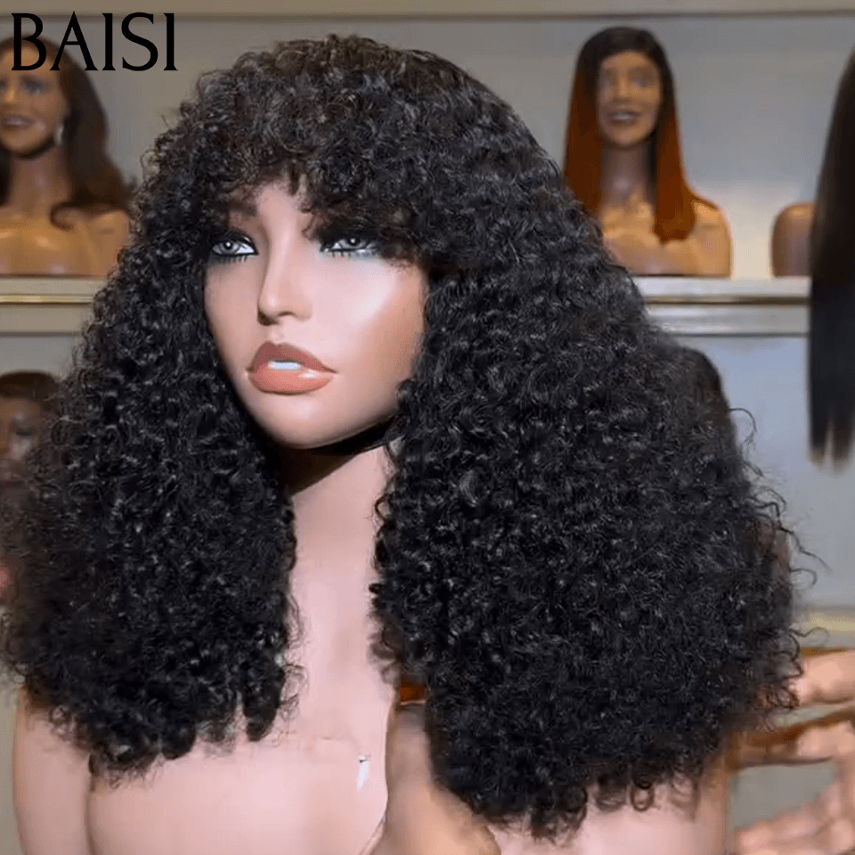 BAISI perruque Curly wave avec Frange 18 pouces 158€ 300% Volume grande NOIR en 100% cheveux humains FR38