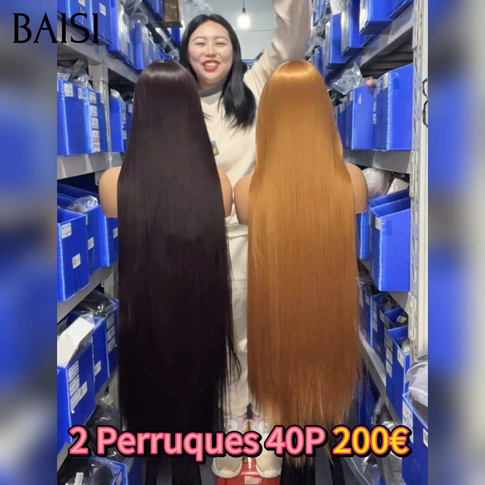BAISI 2 Perruques 200€ 40 pouce Lisse avec Frange sans Colle Fabriqué à la Machine Moitié Prix 100% blended human hair soldes sans retour
