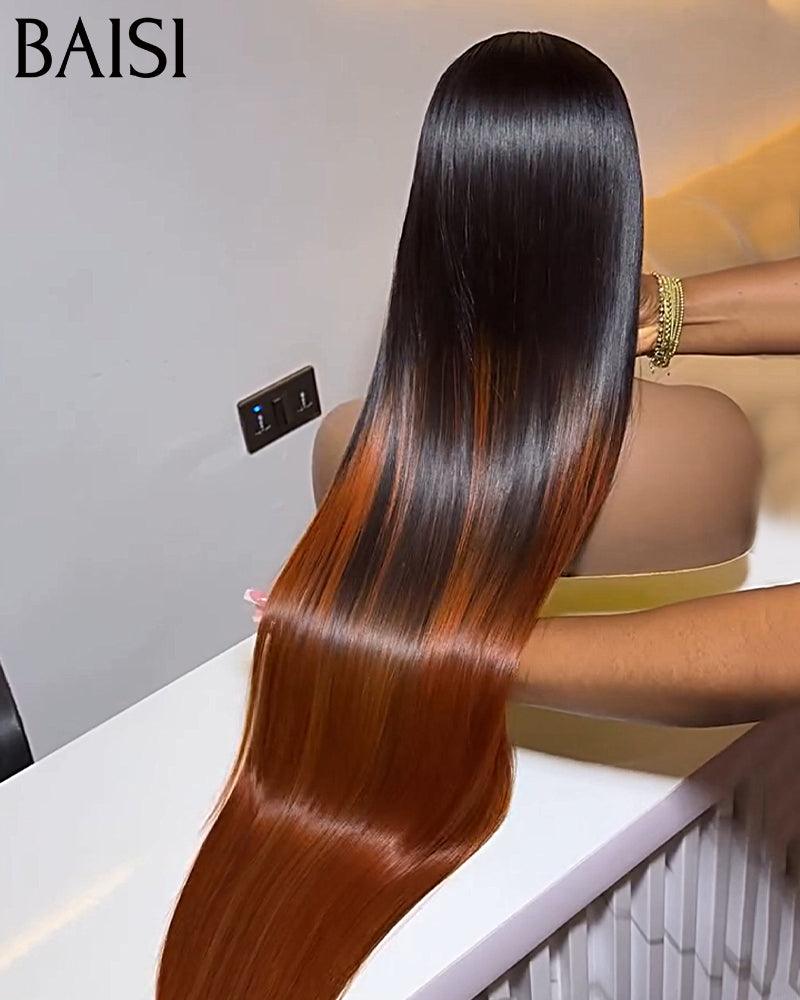 BAISI Pre-plucked invisible lace frontal pre-plucked flawless result 13x4 Frontal Straight Wig in color #1B4 Pre-plucked No Glue Needed in 100% Raw Hair Lace already cut