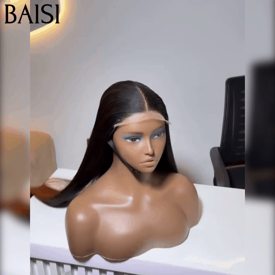 BAISI Pre-plucked invisible lace frontal pre-plucked flawless result 13x4 Frontal Straight Wig in color #1B4 Pre-plucked No Glue Needed in 100% Raw Hair Lace already cut