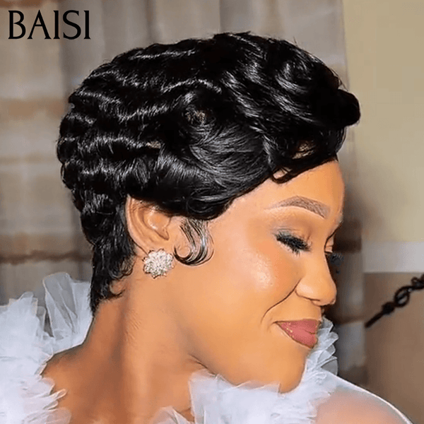 BAISI 13x4 Lace Frontale Perruque Pixie Finger Wave Moitié Prix petite coupe 59€ NOIR En 100% Cheveux Humains MP50