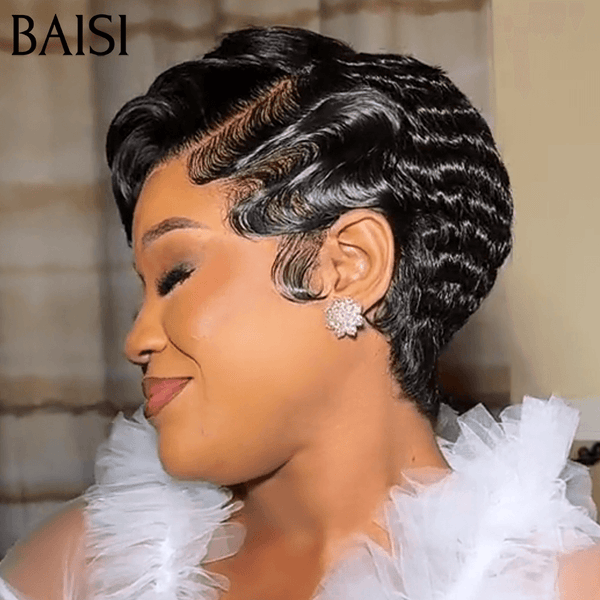BAISI 13x4 Lace Frontale Perruque Pixie Finger Wave Moitié Prix petite coupe 59€ NOIR En 100% Cheveux Humains MP50