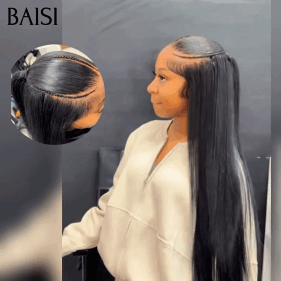 BAISI 13x4 lace frontal Perruque avec coiffure tressée natte Lisse Prédécoupée Lace Prêt à porter promotion en 100% Cheveux Humains Comme la photo