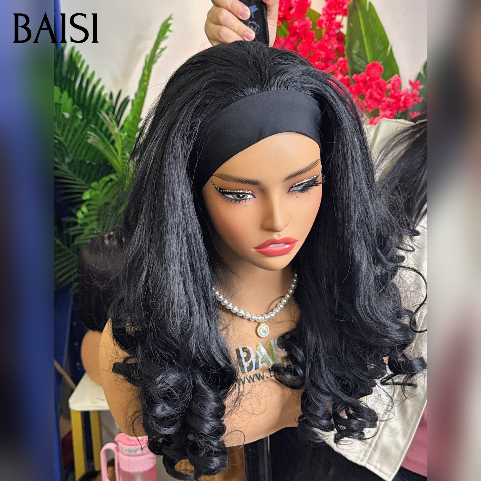 BAISI promotion perruque 80€ Blended human hair Perruque bandeau Bouclé egg 20 Pouces noir sans Colle en 100% Cheveux Humains