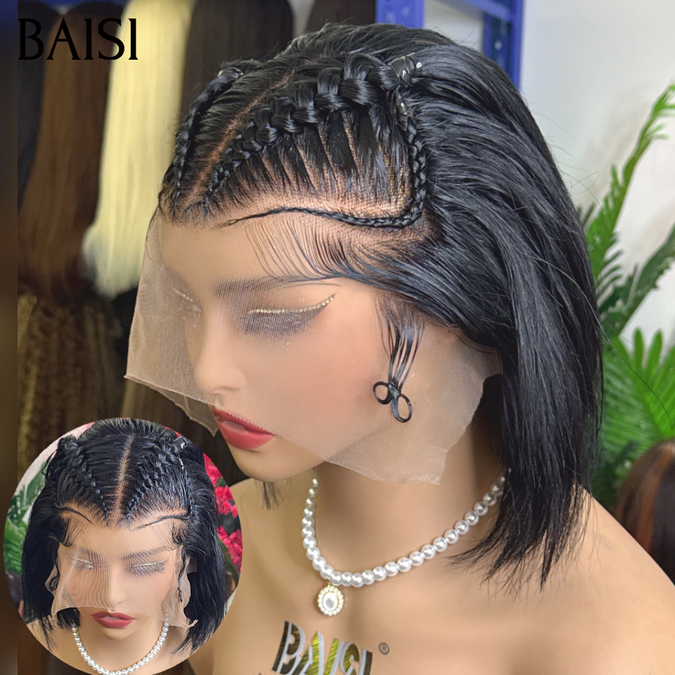 BAISI PROMO Nouveau produit 13x4 lace frontal Perruque lisse bob 10 pouces avec coiffure tressée natte en couleur noir 75€ Vidéo 100% Réelle en 100% Cheveux Humains