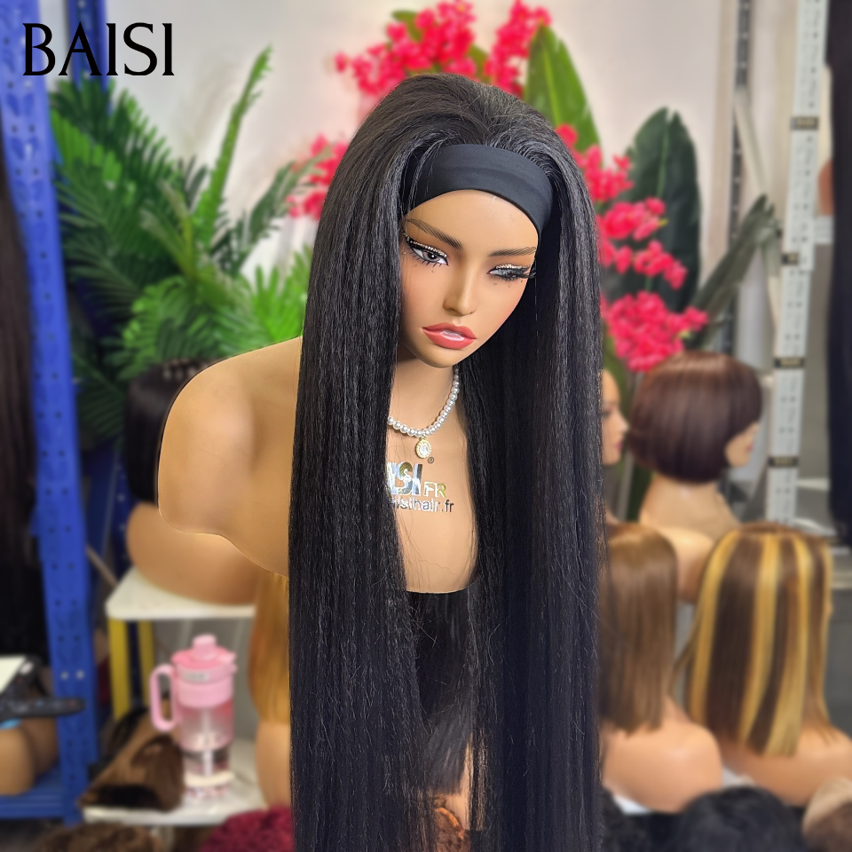 BAISI promotion perruque 99€ Blended human hair Perruque bandeau kinky straight yaki 32 Pouces noir sans Colle en 100% Cheveux Humains