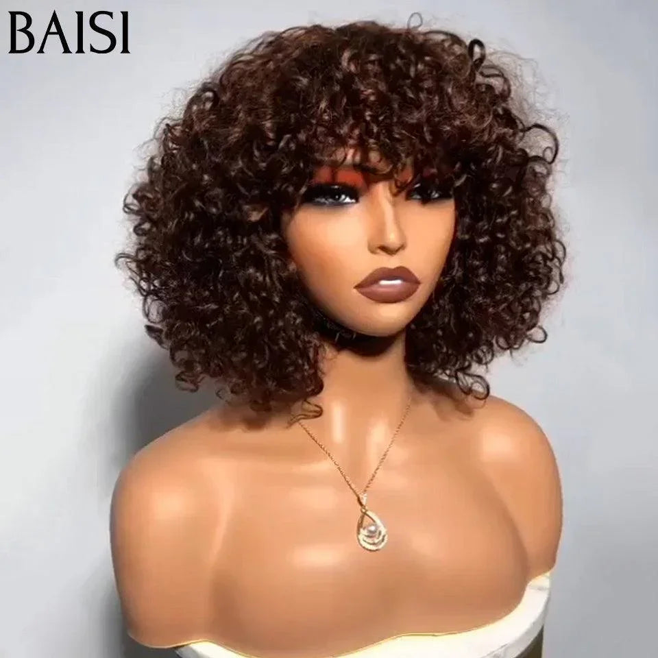 BAISI Offerta Flash 98€ Parrucca Riccia Water Wave Colore Marrone Senza Lace Senza Colla in 100% Capelli Umani FR38