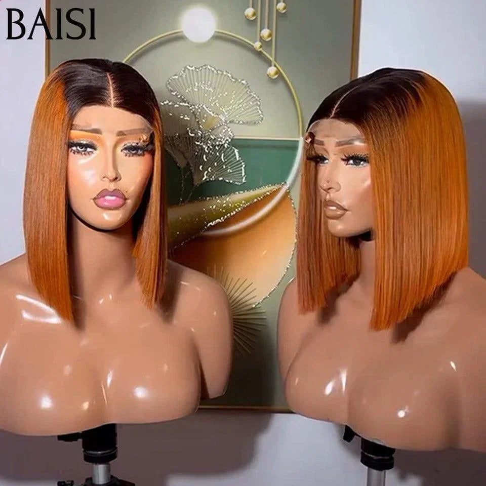 BAISI 2X6 Perruques de Luxe Haute Qualité Viêtnam Hair Lisse BOB en Couleur orange avec racine noir 1BT350# en 100% Cheveux Humains
