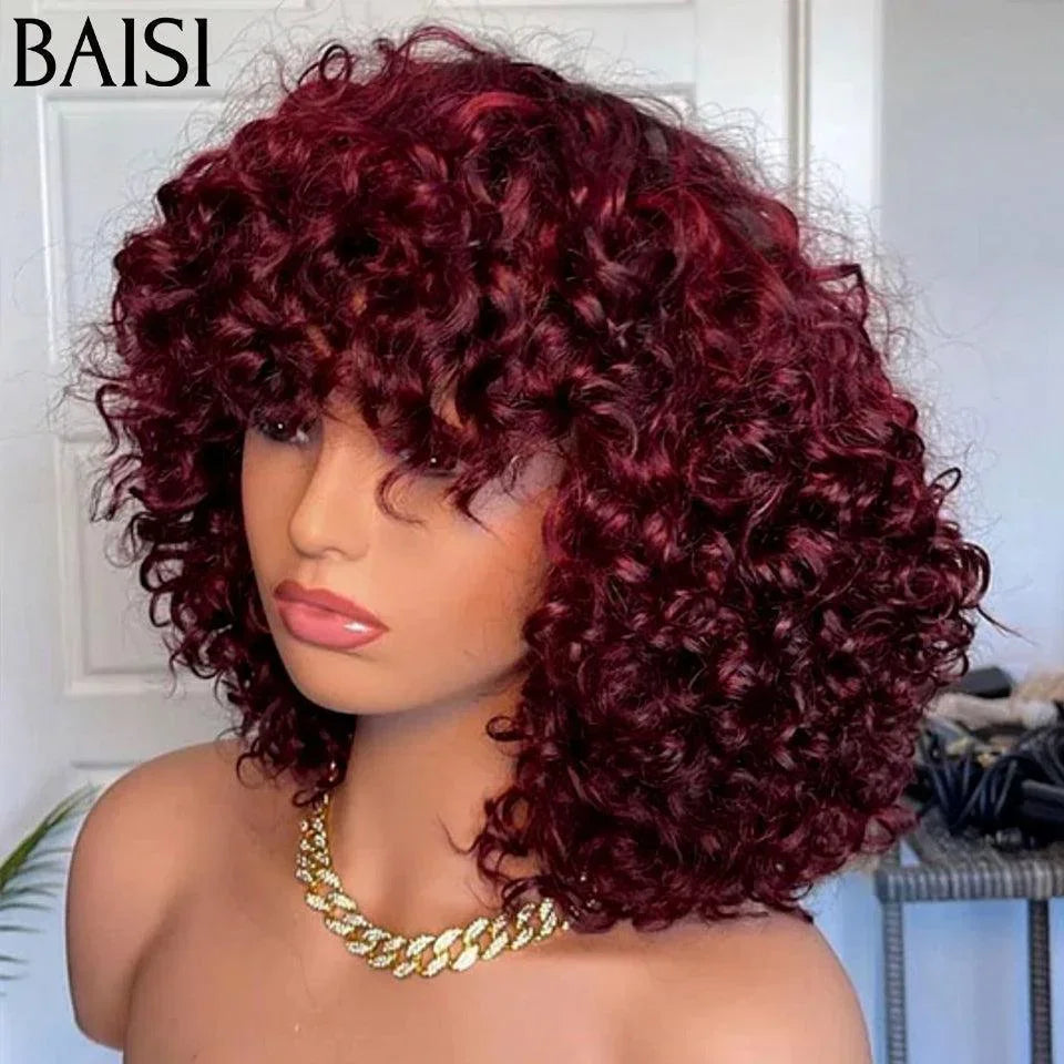 BAISI Offre Flash 82€ Perruque Bouclée Egg Curl Rouge Bordeaux ou Marron Sans Lace Sans Colle en 100% Cheveux Humains