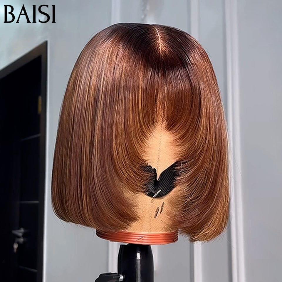 BAISI 15A sans Lace sans colle Bob lisse Avec Frange Perruques de Luxe 100% Vietnam Hair SDD BONE STRAIGHT Couleur T#4 mixte #27 300% densité A1 Fabriquées par les cheveux double drawn