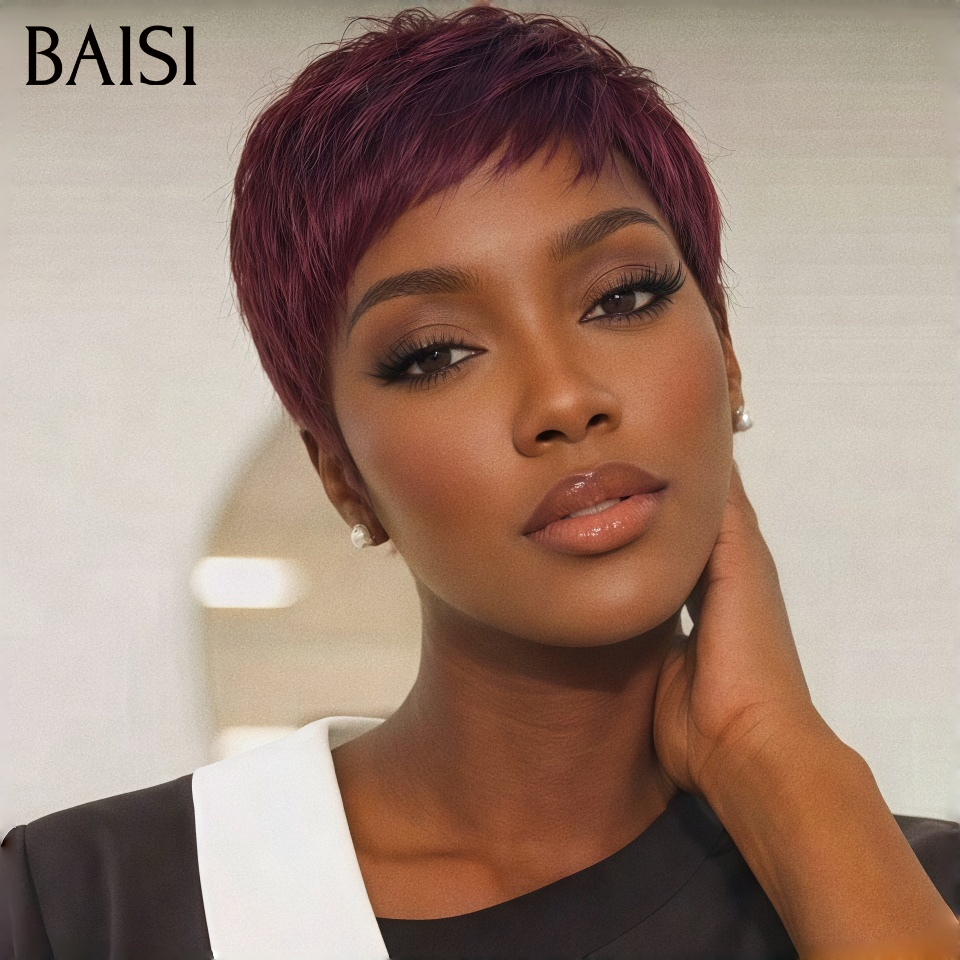 BAISI BAISI Achetez 2 perruques minimum au prix d'usine fournisseur Perruque pixie en couleur bordeaux lisse sans lace (Pas Besoin de Code)