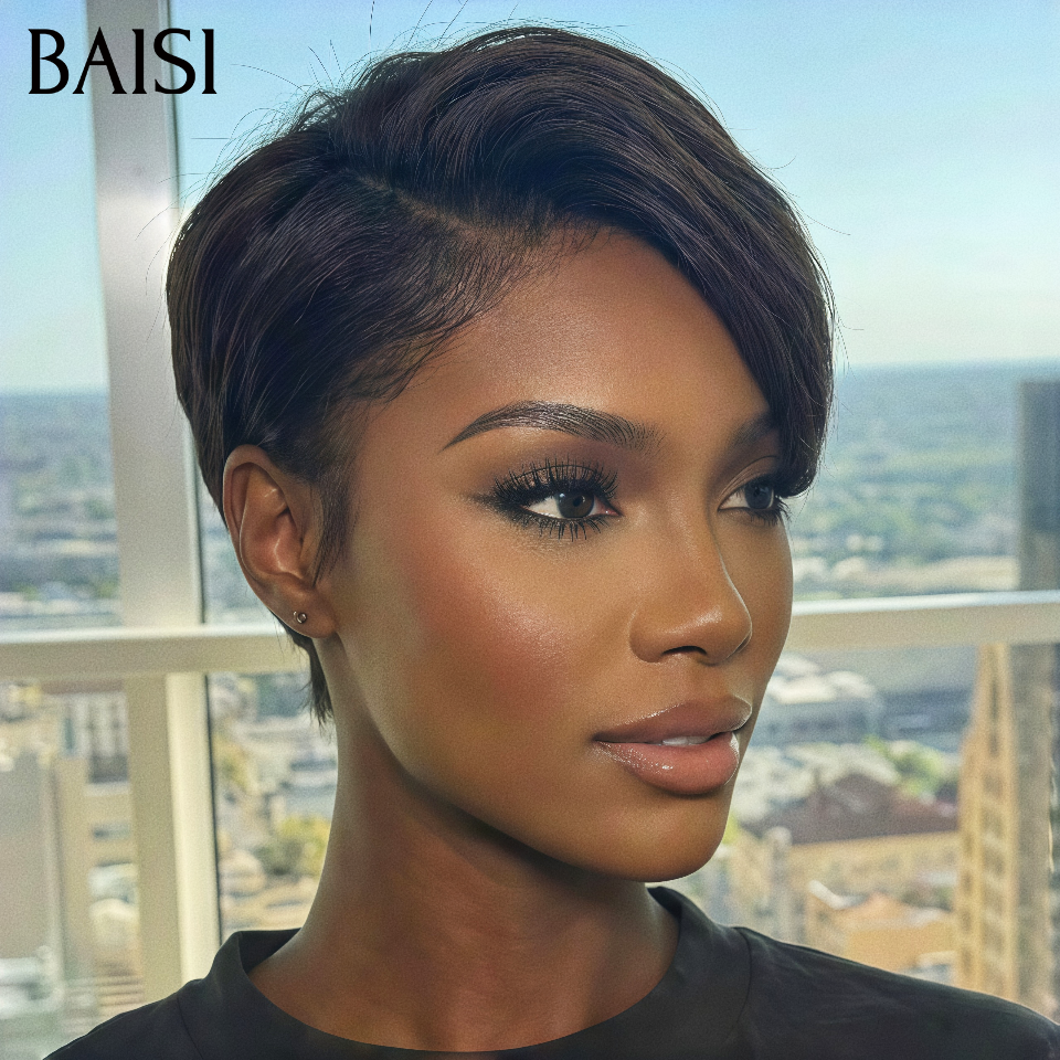 BAISI Achetez 2 perruques minimum au prix d'usine fournisseur perruque pixie Lisse avec 13x4 lace frontal ou Bob Perruque Avec Frange Ondulé Body Wave 100% Cheveux Humains (Pas Besoin de Code)