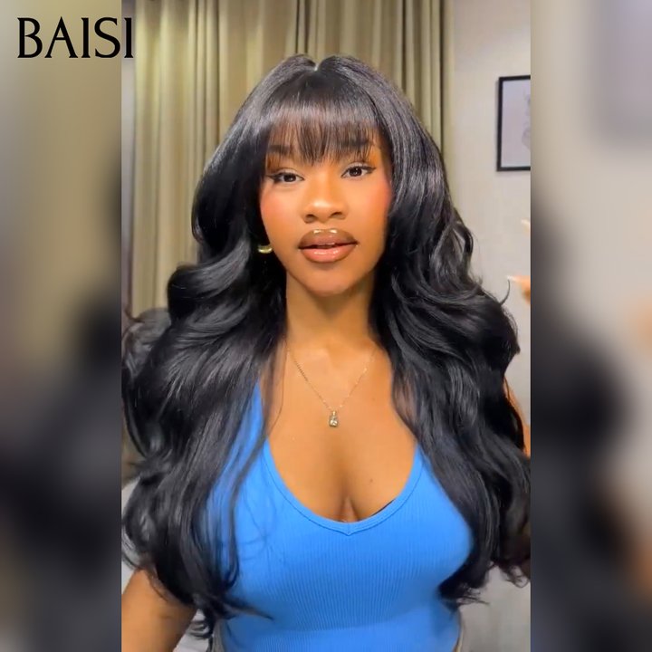 BAISI Perruques pour revendre long Lisse avec Frange couleur NOIR avec 13x4 lace frontal en 100% vrais cheveux humains
