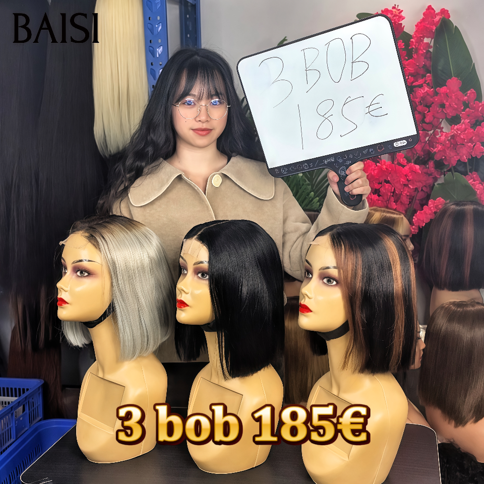 BAISI promotion 3 perruques 185€ BOB 3 looks pour tous les jours 2x6 lace closure sdd bone straight Perruque 8 Pouces en 3 couleurs noir et gris et NOIR Mixte Marron en 100% Cheveux Humains