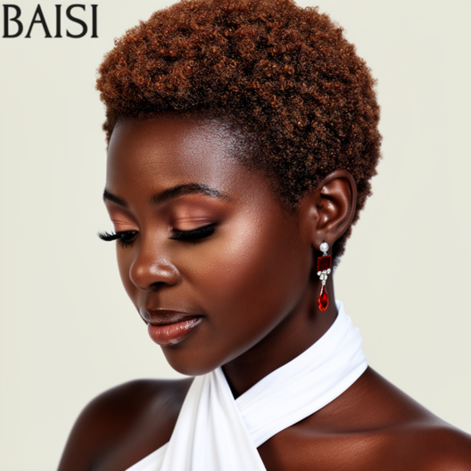 BAISI Perruque pixie 13x4 lace frontal Promotion 79€ afro en couleur brun Design unique et facile à porter en 100% Cheveux Humains