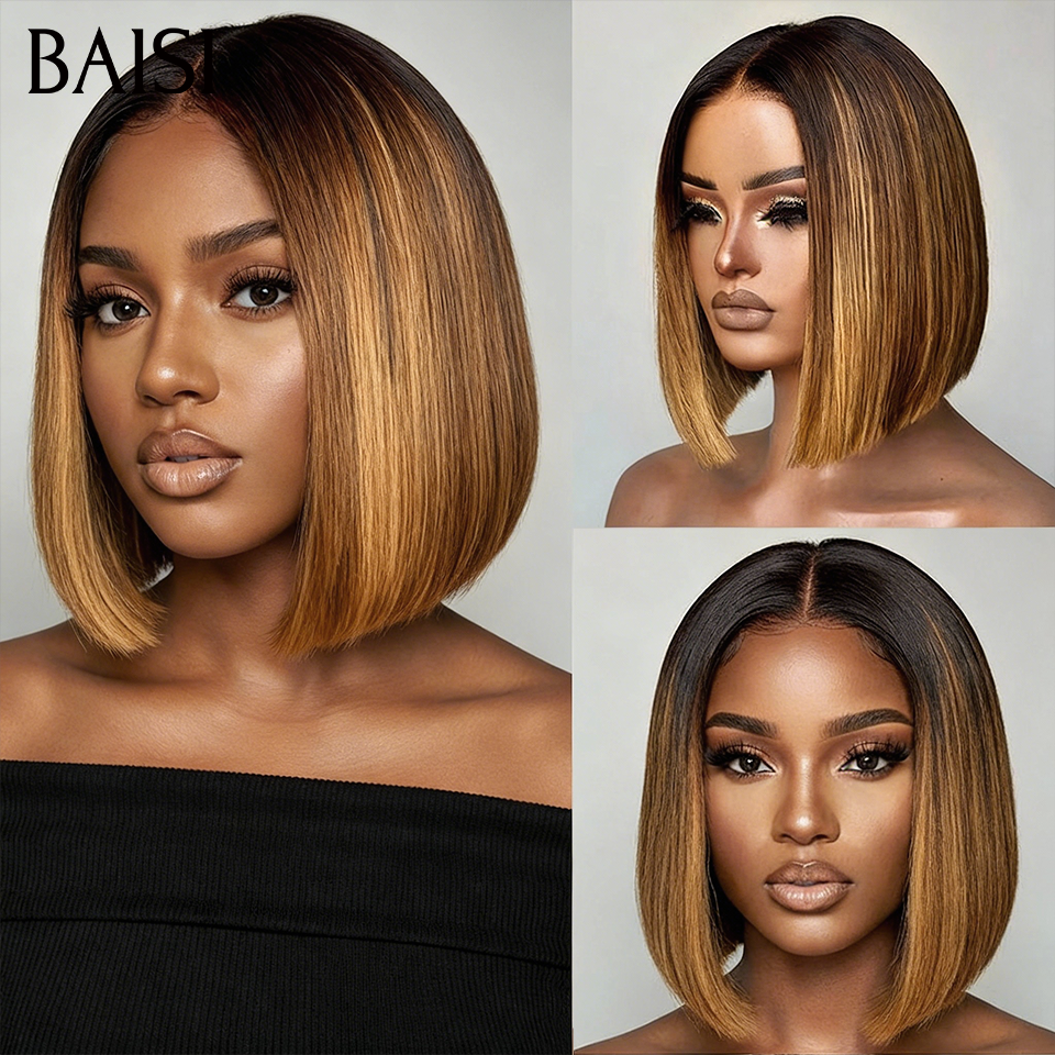 BAISI Grande Promo 13x4 Lace frontal Perruque BOB Lisse 75€ en Couleur Marron Mixte Miel #4/27 En 100% Cheveux Humains D