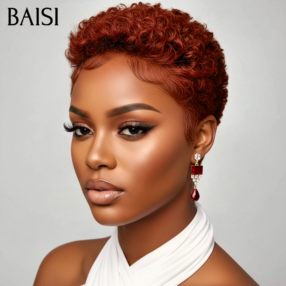 BAISI Perruque Pixie 13x4 lace frontal curly wave Marron 55€ en France moitié prix 100% Cheveux Humain MP50