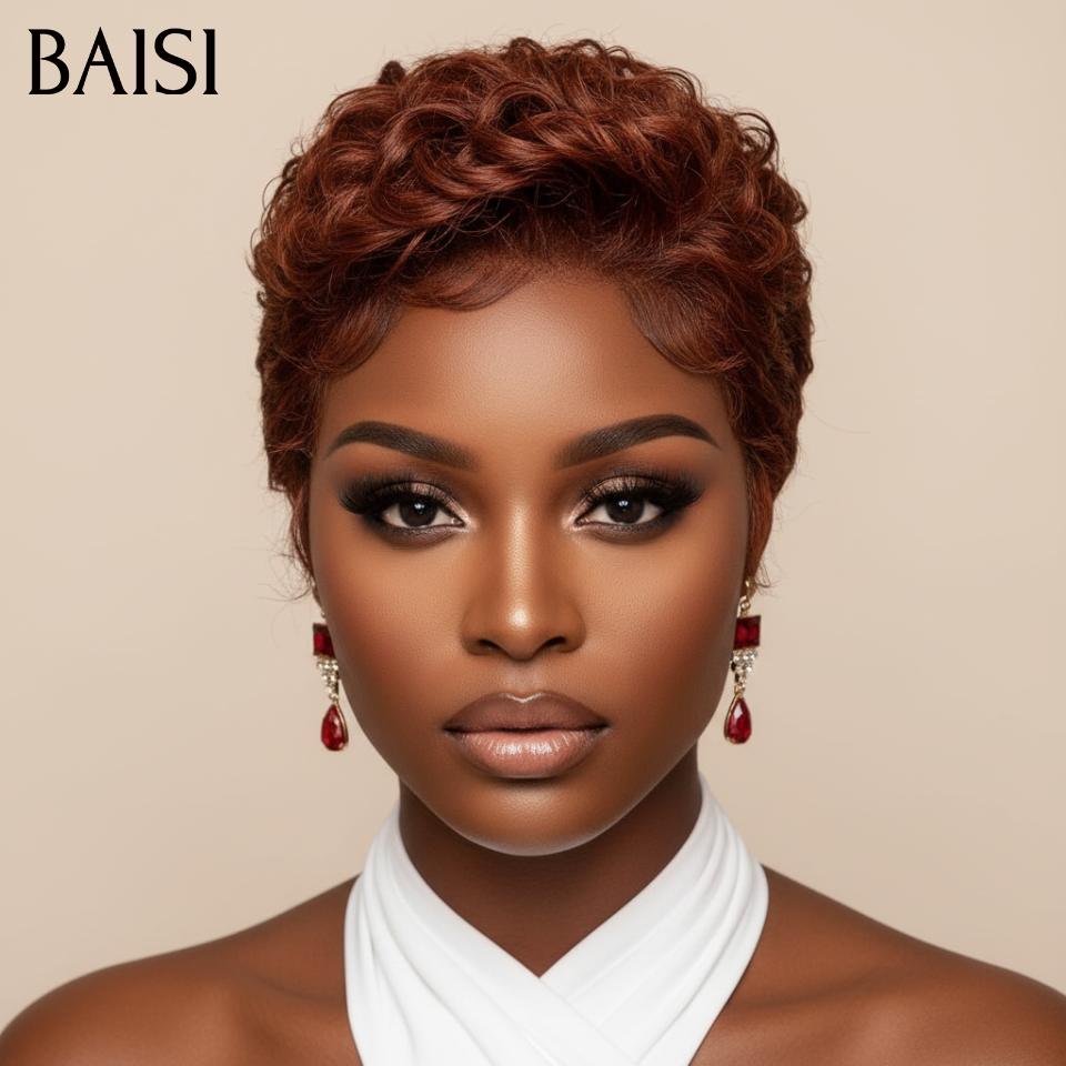 BAISI Perruque pixie 13x4 lace frontal Promotion 68€ en couleur Marron Design unique et facile à porter en 100% Cheveux Humains